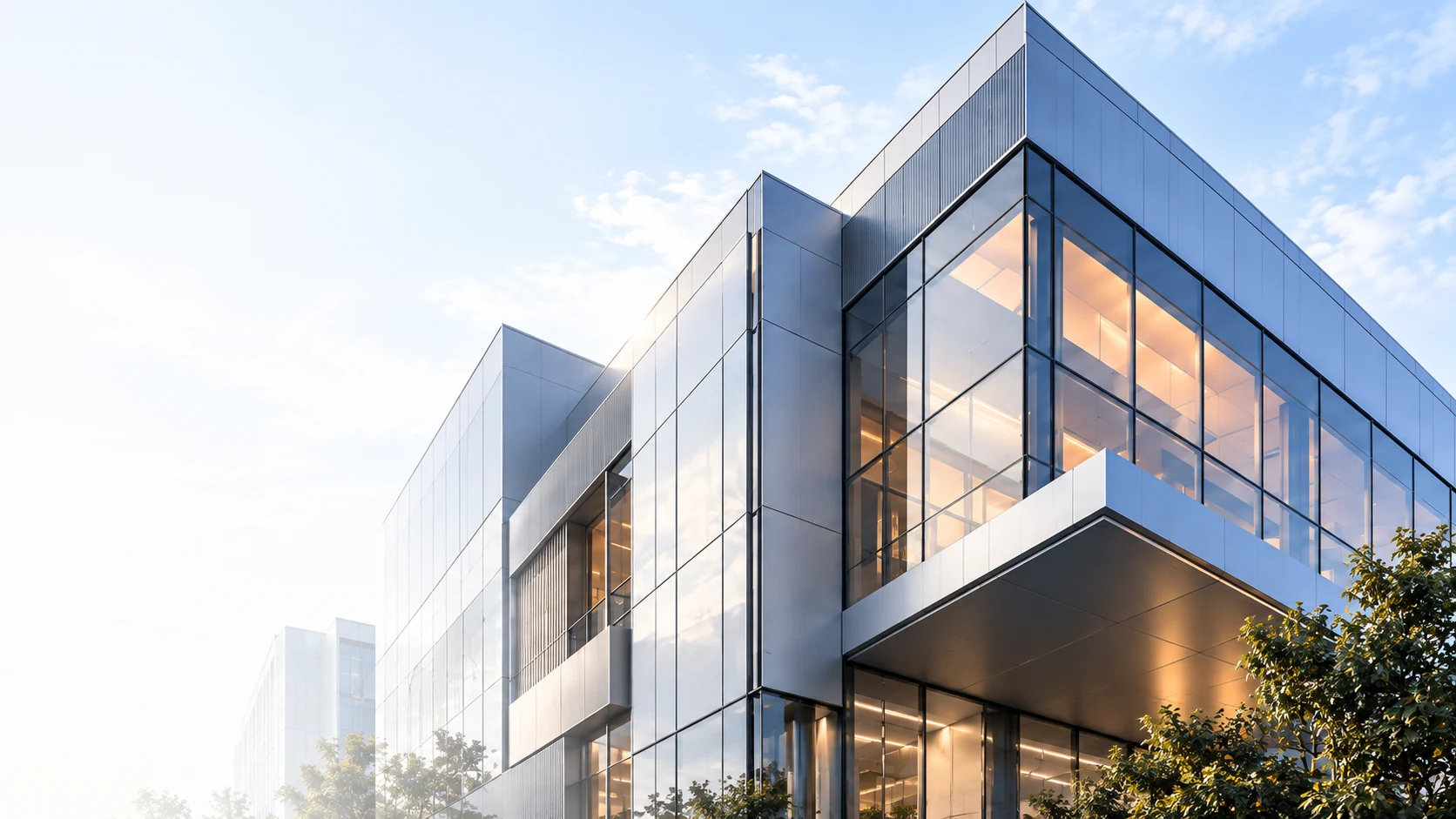 Modern architecture with glass and metal facades, illustrative architecture